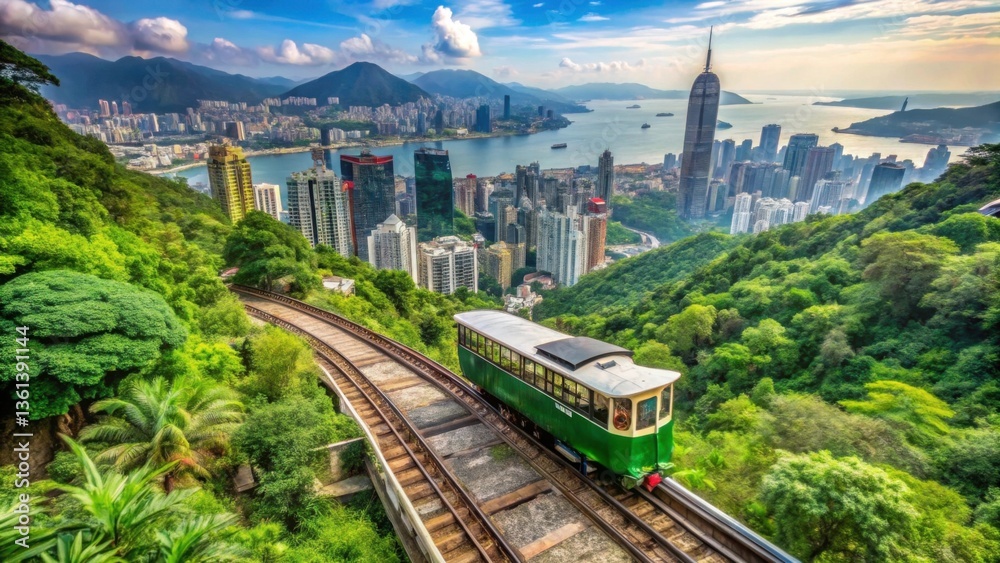 Obraz premium Scenic View of Green Tram Traveling Up Victoria Peak in Hong Kong