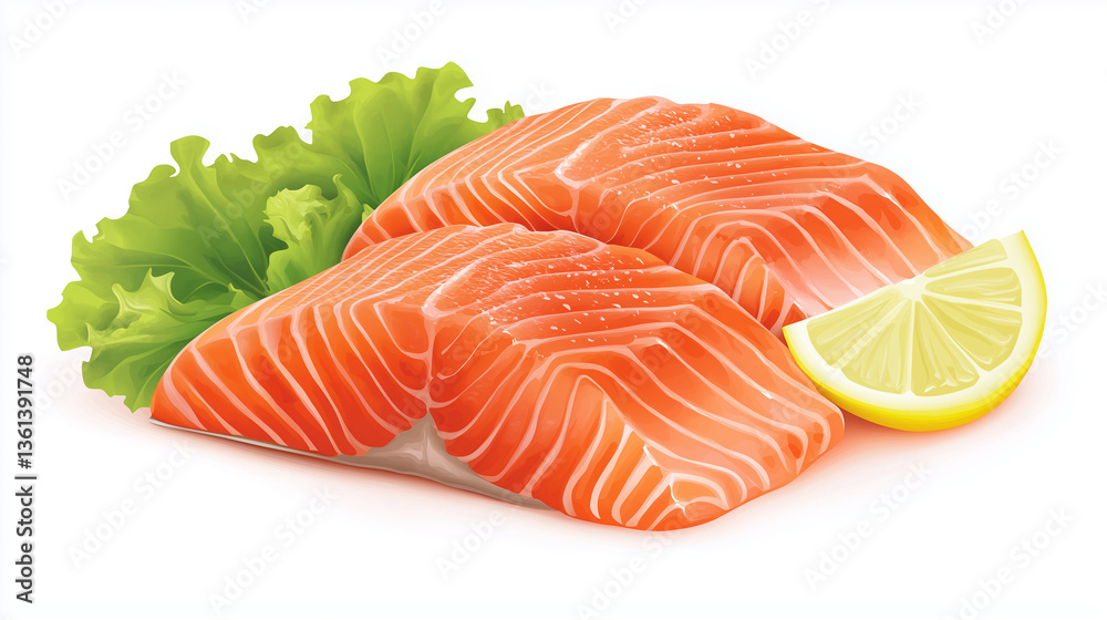 Two vibrant salmon filets are presented against a stark white background. The filets exhibit a rich, reddish-orange hue with visible striations and a glossy sheen suggesting moisture. A bed of crisp Two vibrant salmon filets are presented against a stark white background. The filets exhibit a rich, reddish-orange hue with visible striations and a glossy sheen suggesting moisture. A bed of crisp