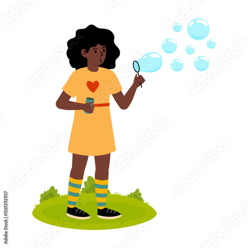 Young girl blowing bubbles in a grassy field on a sunny day