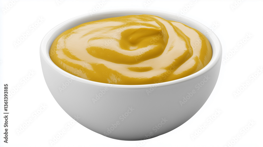 High-angle, close-up studio shot of a small white bowl filled with a creamy, pale yellow sauce. The sauce has a smooth, swirling texture with subtle highlights indicating a glossy finish. The bowl is High-angle, close-up studio shot of a small white bowl filled with a creamy, pale yellow sauce. The sauce has a smooth, swirling texture with subtle highlights indicating a glossy finish. The bowl is
