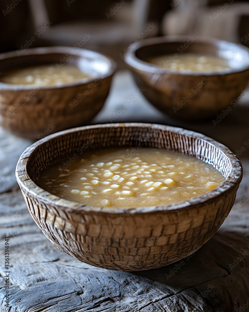 Authentic South Sudanese Merissa Served in Traditional Calabash Bowls on Rustic Wooden Table Authentic South Sudanese Merissa Served in Traditional Calabash Bowls on Rustic Wooden Table