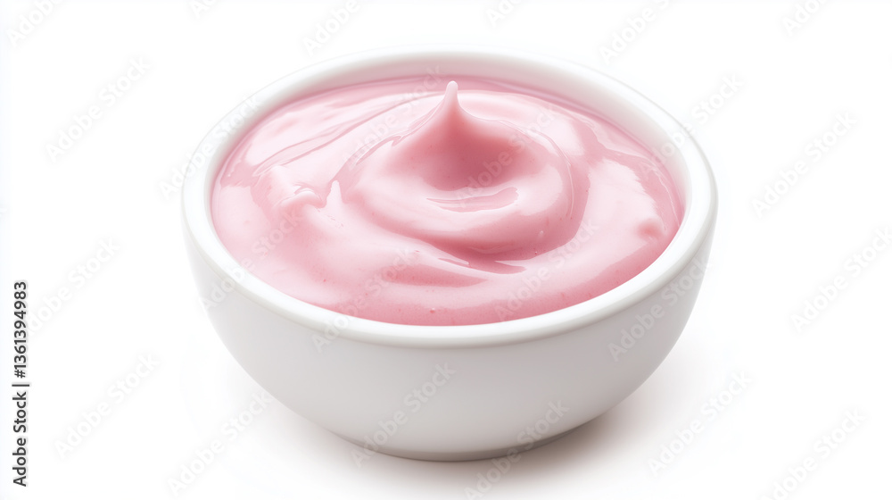 High-angle, close-up studio shot of a small white bowl filled with a light pink cream. The cream has a smooth, swirled texture with a peak in the center. The background is pure white, providing high High-angle, close-up studio shot of a small white bowl filled with a light pink cream. The cream has a smooth, swirled texture with a peak in the center. The background is pure white, providing high
