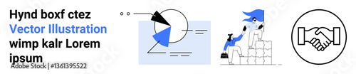 Pie chart analysis, focused teamwork climbing blocks, handshake for partnership. Ideal for business strategy, teamwork, analytics, collaboration, goals, achievements simple landing page