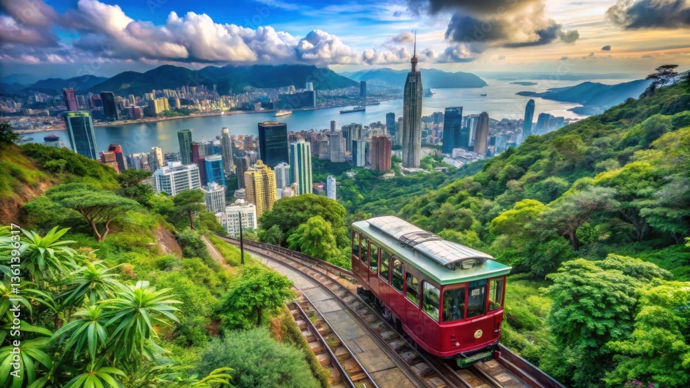 Naklejka premium Panoramic View of Green Tram Ascending Victoria Peak in Hong Kong