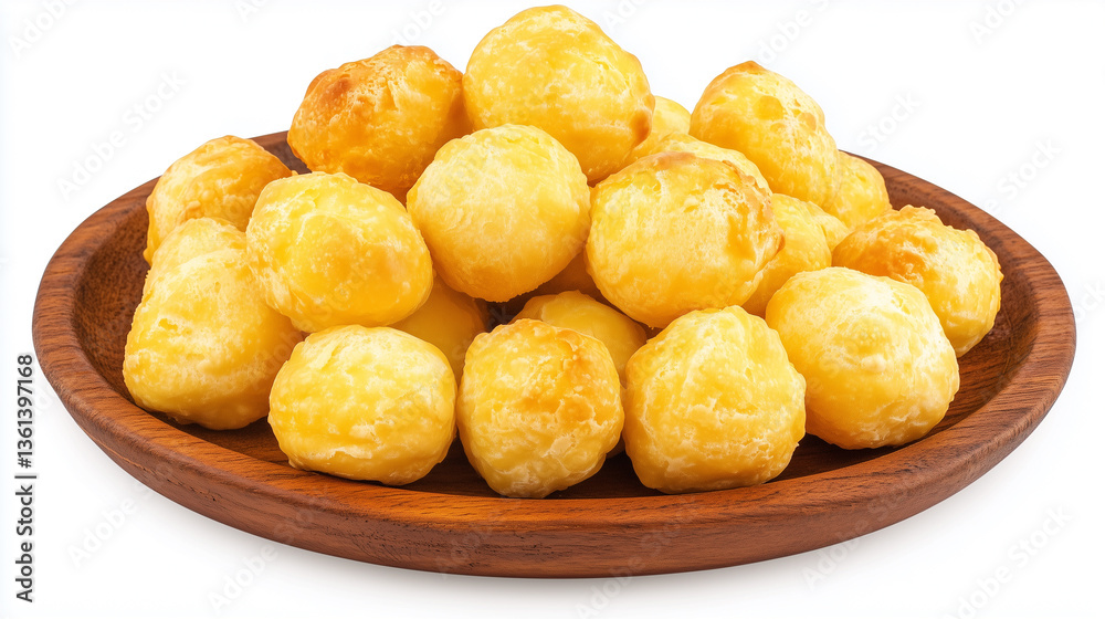 High-angle, close-up shot of numerous small, round, golden-brown baked cheese balls arranged in a pile on a rustic, dark-brown wooden plate. The cheese balls exhibit a slightly irregular texture with High-angle, close-up shot of numerous small, round, golden-brown baked cheese balls arranged in a pile on a rustic, dark-brown wooden plate. The cheese balls exhibit a slightly irregular texture with