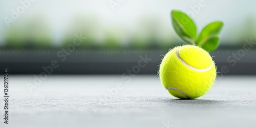 Tennis ball with green leaves placed on gray surface