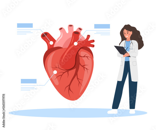 Cardiologist concept. Hypertensive disease. Cardiology and circulatory system treatment. Doctor appointment and patient help. Vector illustration.