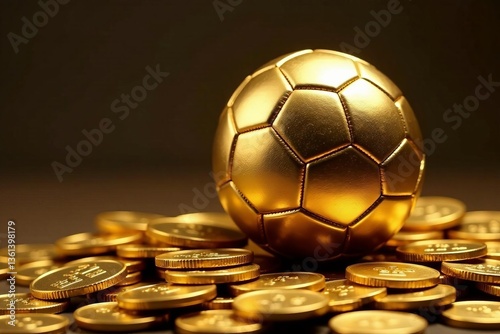 Luxurious golden football on pile of coins, extravagant lifestyle concept, expensive, stack, business