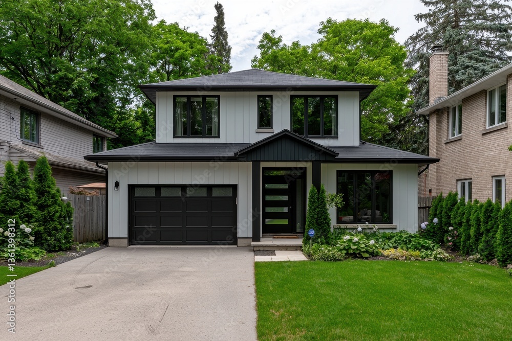 Modern two-story house with sleek design and landscaped garden Modern two-story house with sleek design and landscaped garden