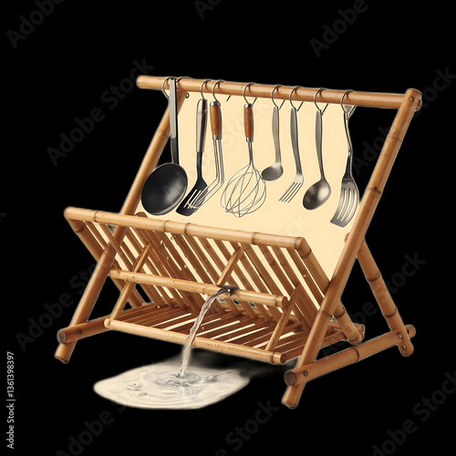 A dish rack is a practical kitchen accessory designed for air-drying washed dishes, utensils, and cookware. Made from metal, plastic, or wood, it features slots and compartments to keep items organize photo