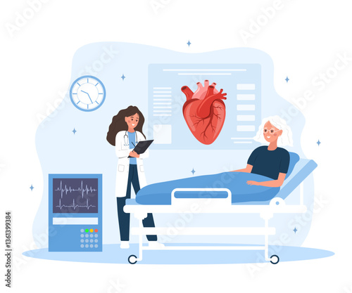 Cardiologist concept. Hypertensive disease. Cardiology and circulatory system treatment. Doctor appointment and patient help. Vector illustration.