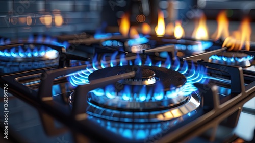 Close-up of a gas stove with blue flames