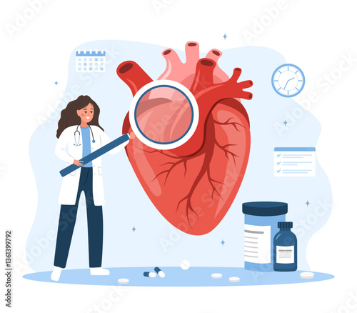 Cardiologist concept. Heart health. Female doctor with large magnifier examines internal organs. Vector illustration in flat cartoon style.