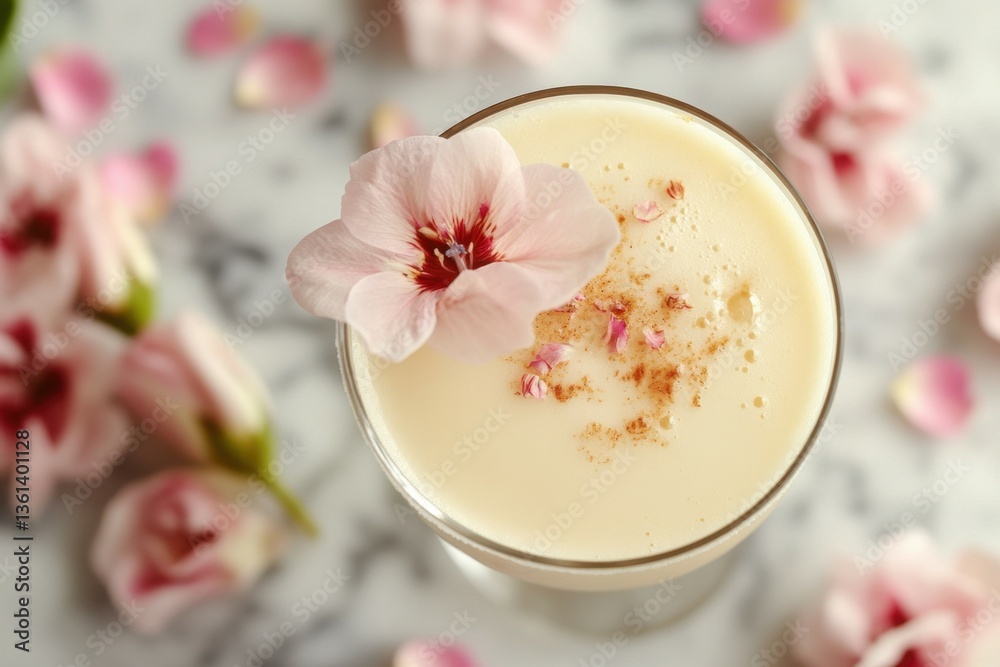 Floral Elixir: A close-up shot captures a delicious drink garnished with a vibrant blossom on a marble surface, evoking a sense of refreshment and elegance. Floral Elixir: A close-up shot captures a delicious drink garnished with a vibrant blossom on a marble surface, evoking a sense of refreshment and elegance.