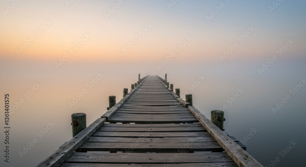 Fototapeta premium Serene Wooden Dock Extending into Misty Lake at Sunrise