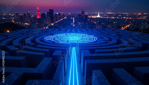 Neon brain-shaped maze with a glowing path leading to the center, metaphor for solving complex problems.