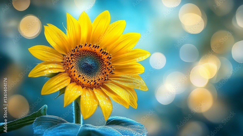 Naklejka premium Close-up of a vibrant sunflower with soft bokeh lights in the background, creating a dreamy atmosphere