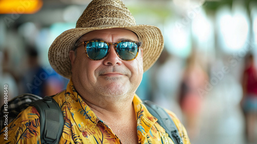 smiling man in tropical shirt and straw hat outdoors, American Traveller Persona 