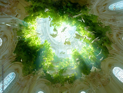 Sunlight Streaming Through Leafy Canopy Onto Ornate White Ceiling