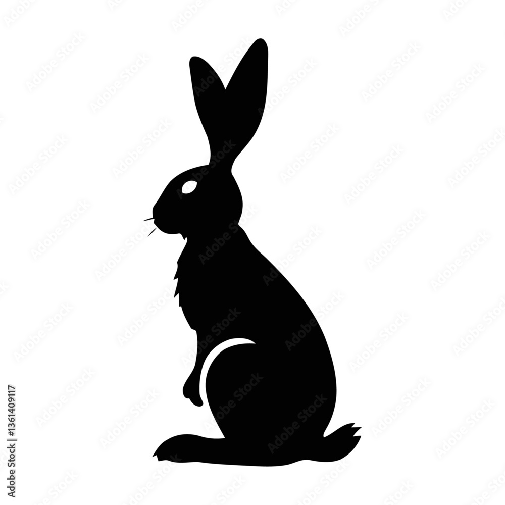 Fototapeta premium A black and white vector silhouette of a rabbit sitting with perked ears on a white background, ideal for PNG files