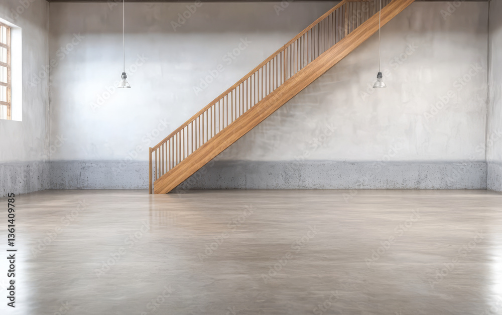 Obraz premium Spacious interior with wooden staircase and industrial design elements for creative projects