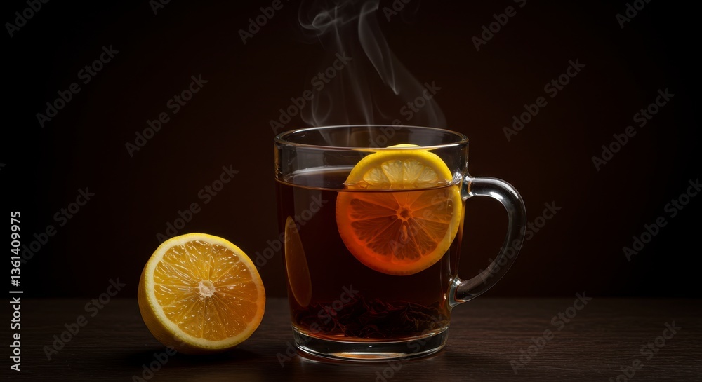 Steaming Hot Tea with Lemon Slice in Glass Mug on Dark Background Steaming Hot Tea with Lemon Slice in Glass Mug on Dark Background