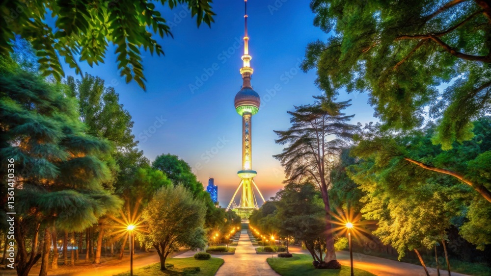 Obraz premium Scenic Urban View of Greenery Surrounding Television Tower at Dusk