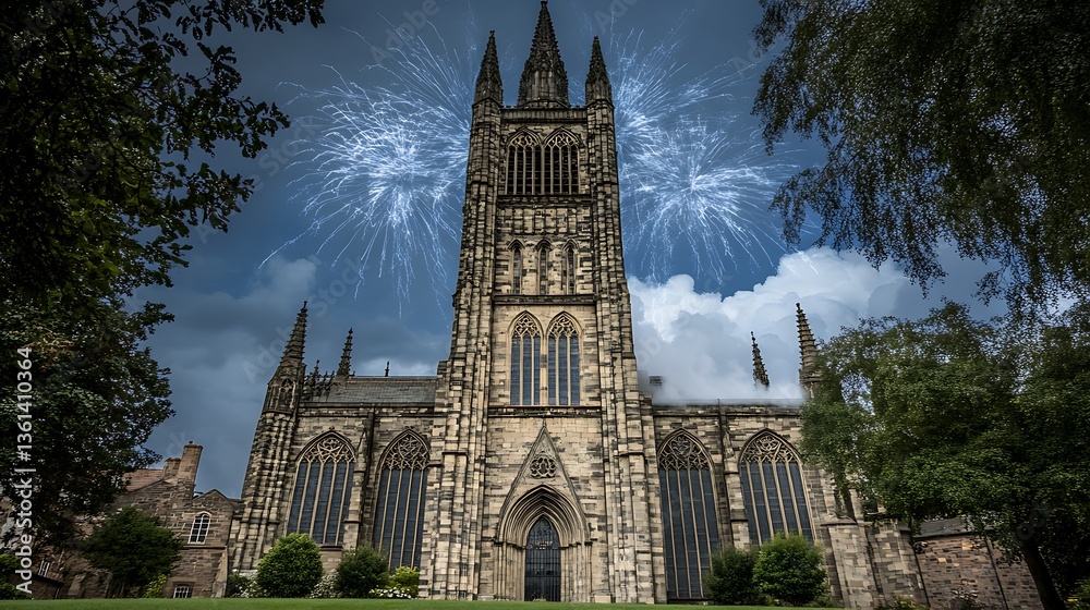 Obraz premium Gothic Church at Night: Fireworks Display Over Stone Facade AI Generated