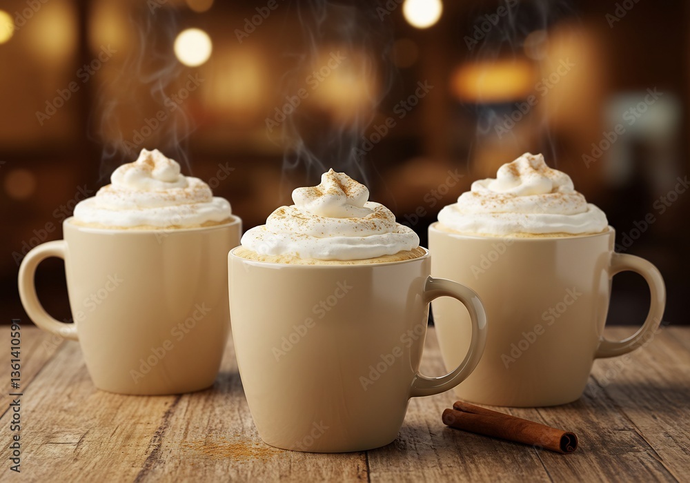 Warm creamy coffee drinks wood table autumn ambiance. AI Generated Warm creamy coffee drinks wood table autumn ambiance. AI Generated