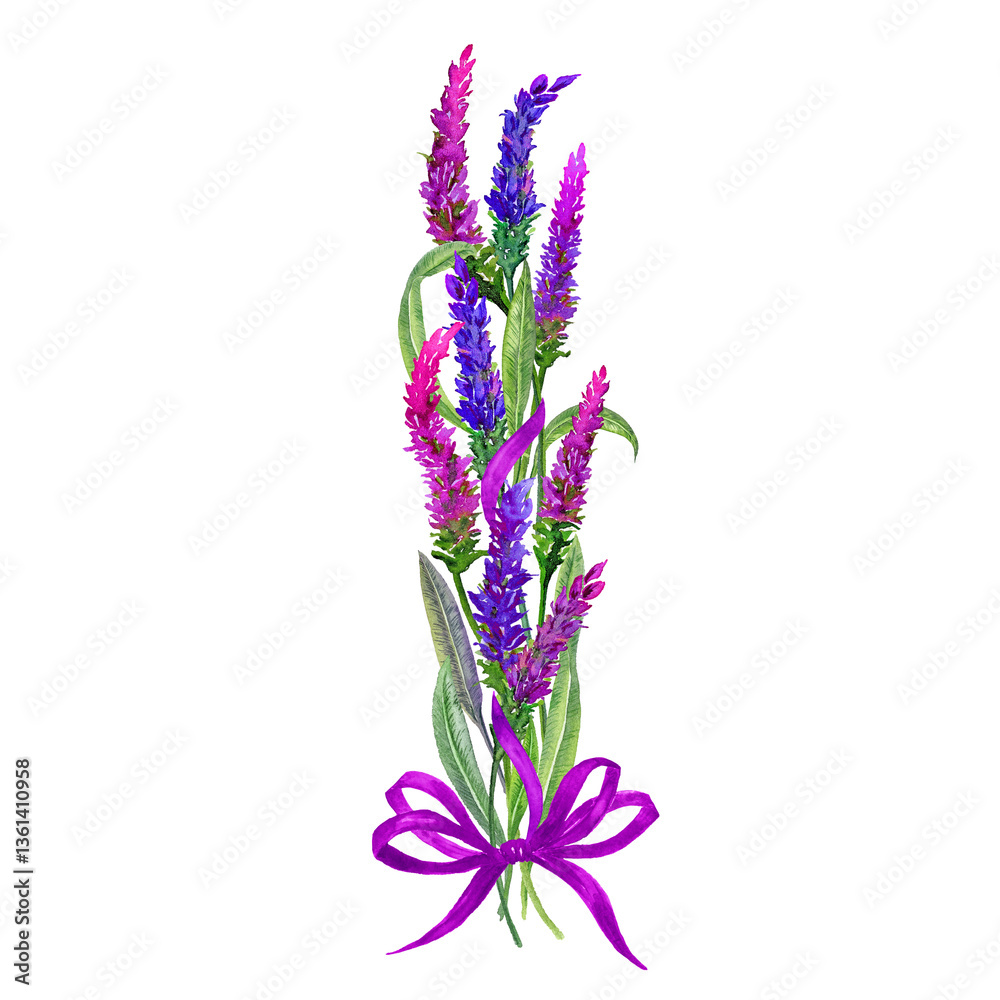 Obraz premium Vertical Bouquet of purple wildflowers and dark-purple bow