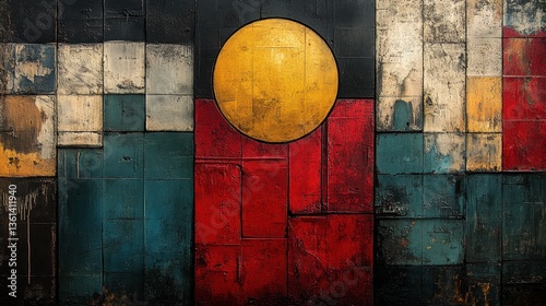 Abstract geometric composition with varied painted blocks and circular element