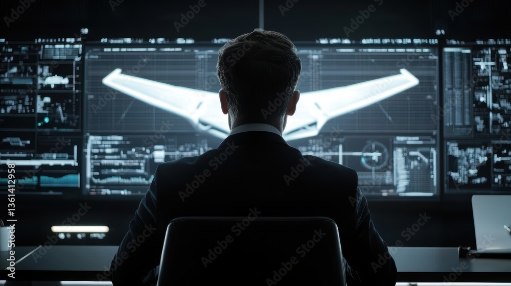 Fototapeta premium A person in a suit sits in front of large screens displaying complex data and a sleek aircraft design, suggesting a high-tech work environment.