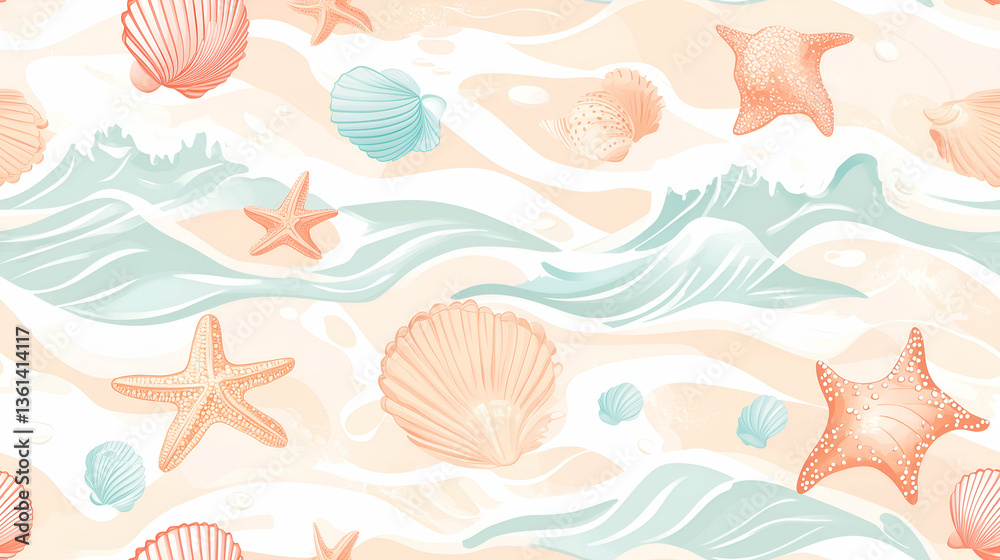 Nautical marine background with hand-drawn pastel seashells, waves and starfish on soft sand Nautical marine background with hand-drawn pastel seashells, waves and starfish on soft sand