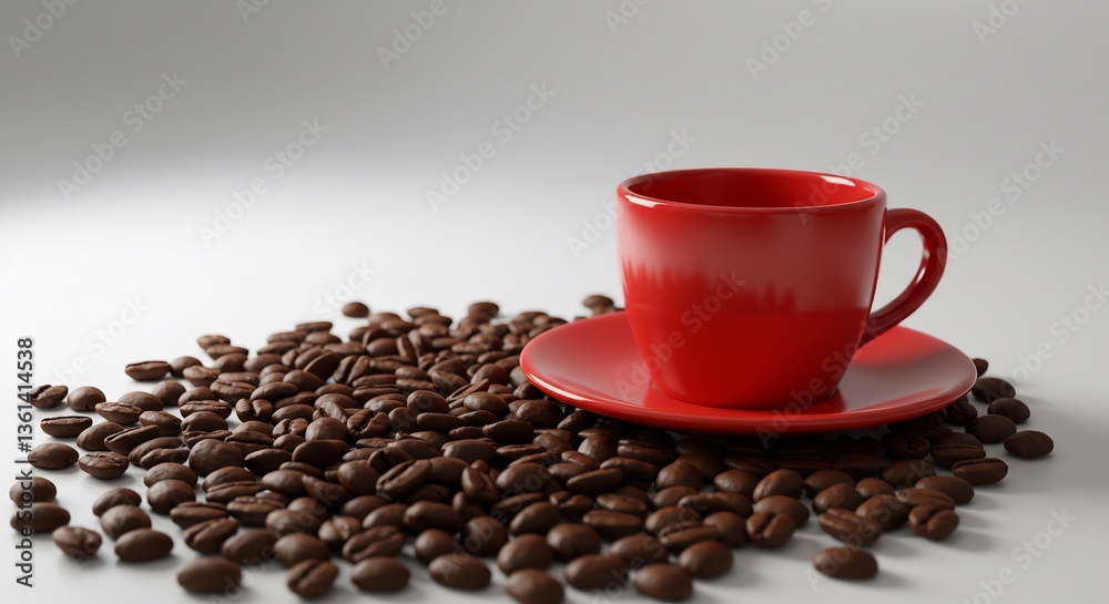 Red Coffee Cup and Beans Soft Light. AI Generated