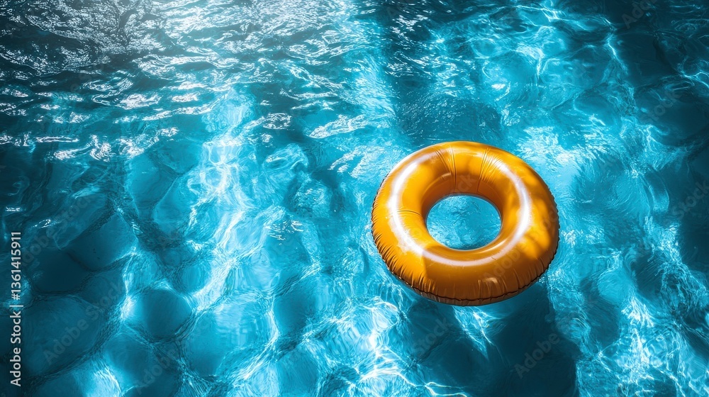 Top-down view of bold yellow swimming floatation device in turquoise pool, modern flat lay design with negative space for text overlay, perfect for product packaging, website banners, Top-down view of bold yellow swimming floatation device in turquoise pool, modern flat lay design with negative space for text overlay, perfect for product packaging, website banners,
