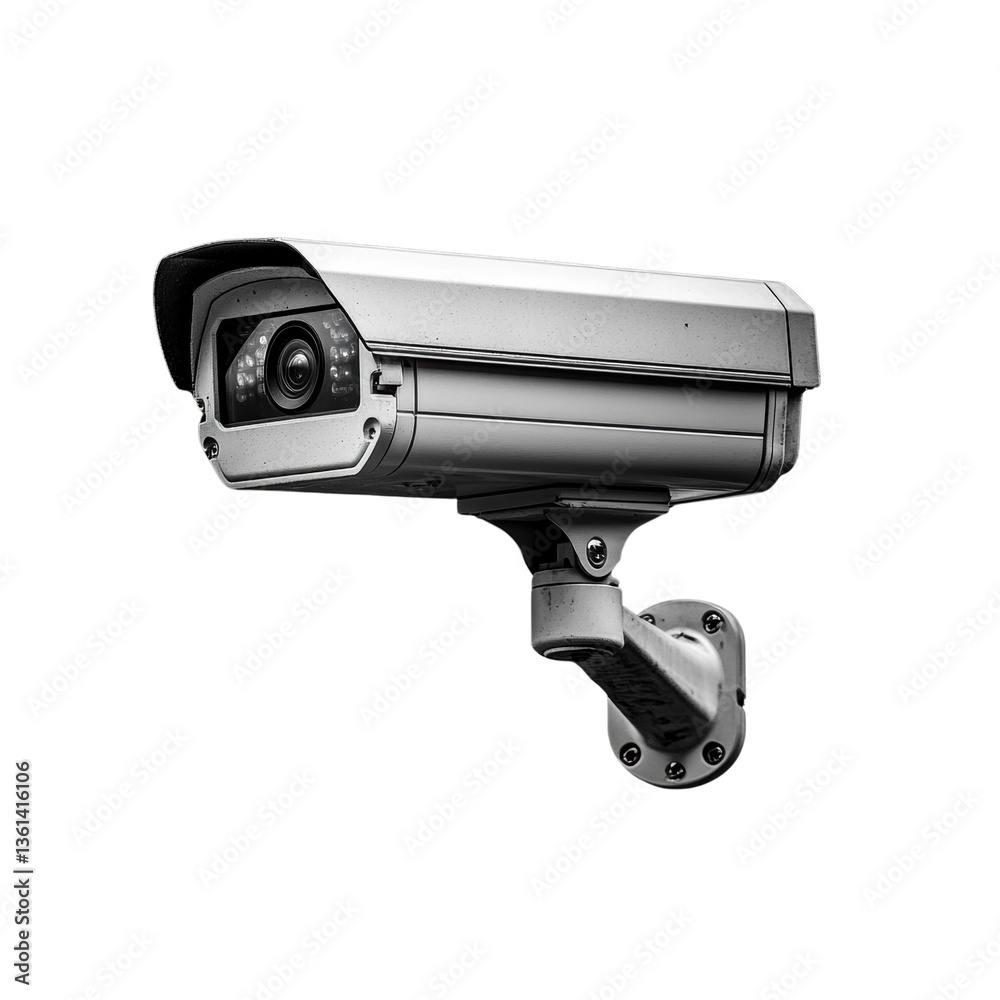 Modern security camera mounted on wall with focus on surveillance technology for enhanced safety and monitoring solutions white isolate background Modern security camera mounted on wall with focus on surveillance technology for enhanced safety and monitoring solutions white isolate background