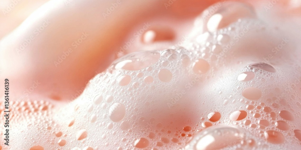 Obraz premium Closeup view of white soap foam on a soft peach-pink backdrop.