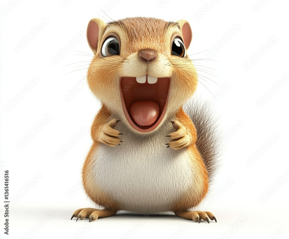 Fototapeta premium A of 3D cute happy mouth open cartoon squirrel, isolated on white background