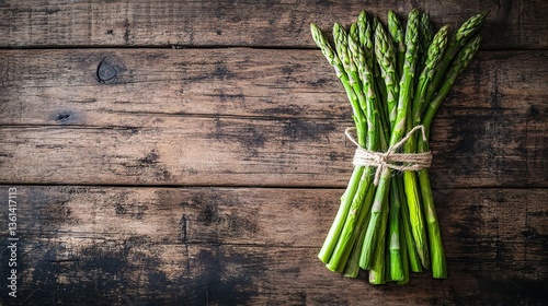 Fresh green asparagus tied with string on rustic wooden background