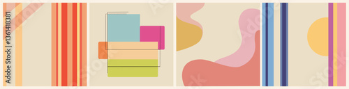 Set of abstract geometric square backgrounds in retro mid-century modern style with a neutral pastel color palette. Perfect for social media templates, wall art, prints, and digital design.