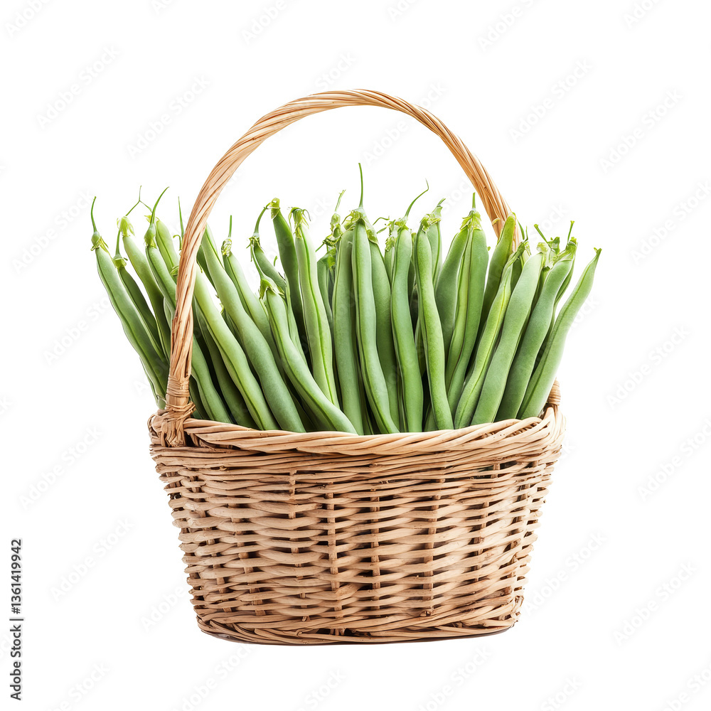 Freshly sliced long green beans in a wicker basket on a bright transparent background during the harvest season, Slice long beans in basket isolated on transparent background Freshly sliced long green beans in a wicker basket on a bright transparent background during the harvest season, Slice long beans in basket isolated on transparent background