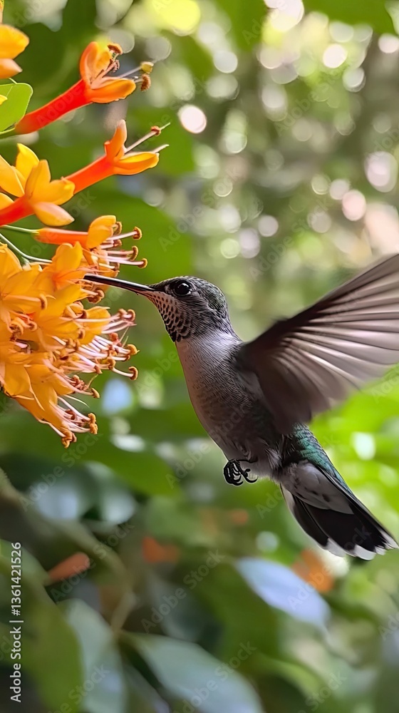 Fototapeta premium A small hummingbird is feeding from an orange flower blossom