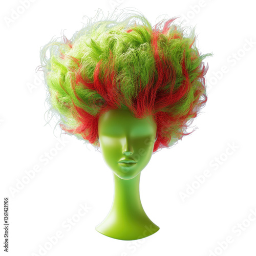 Unique mannequin featuring a green wig and red hair styled in an artistic presentation for fashion shows white isolate background