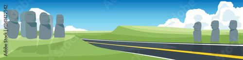 Stylized landscape with a winding asphalt road leading into the distant. Moai statues stand on either side of the road. backdrop of green hills and a bright blue sky with white clouds.
