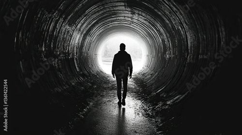 A person walking through a dark tunnel, with no light in sight, symbolizing a lack of hope.