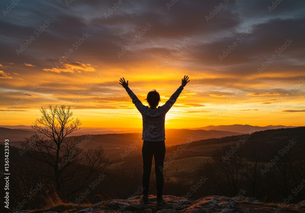 Silhouetted person with raised arms at sunset on hilltop. Silhouetted person with raised arms at sunset on hilltop.