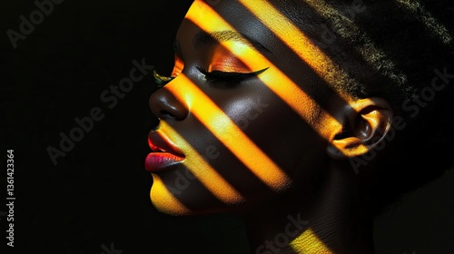 A stunning profile of a woman with vibrant makeup, illuminated by bold shadows of bright yellow and orange stripes.