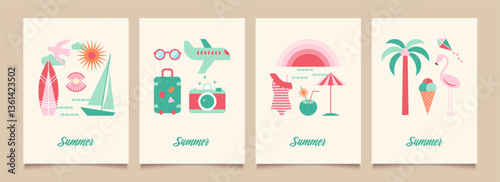 Summer backgrounds with icons or badges of vacation mood in flat design. Modern geometric vector illustrations. Trendy  posters, cards, banners, print on shirts.