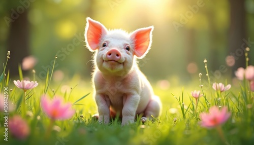 Cute baby pig sits in grass smiling. Pink flowers, green grass, spring sun shines on the piglet. Concept of new life, easter holidays, farm animal, wildlife, spring season, eco life.