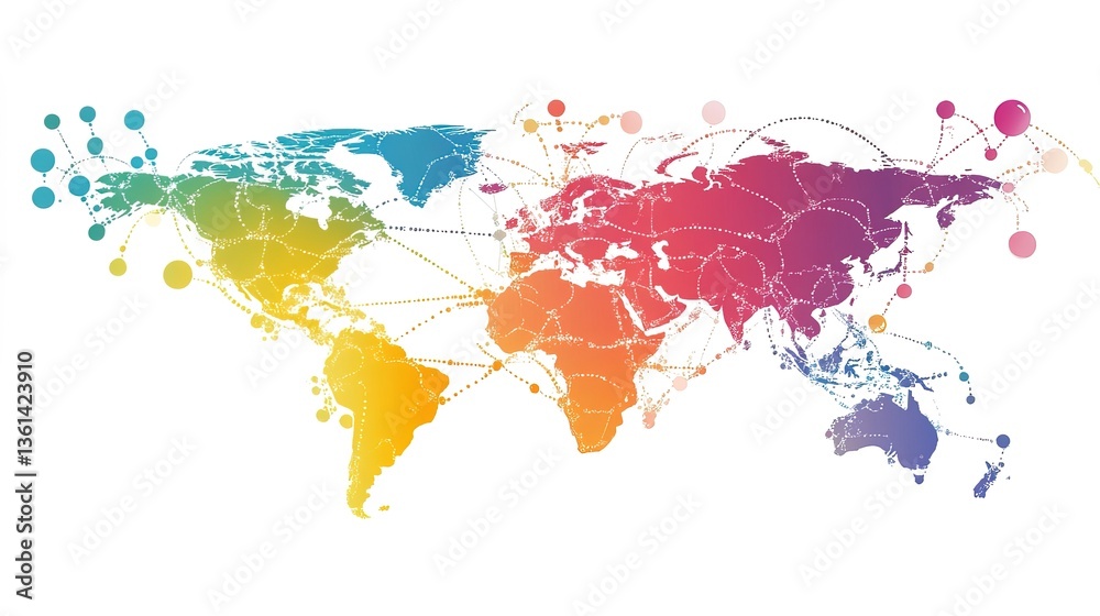 Fototapeta premium Global connectivity infographic world map digital illustration colorful network visualization abstract design conceptual art